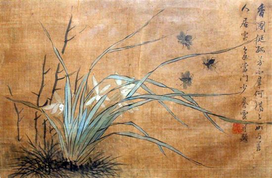 Two Chinese School paintings of insects and flowers on silk, early 20th century, 20 x 31cm, later mounted, framed and glazed